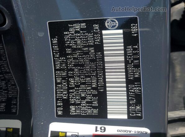 4T1DAACK0TU301104 2026 TOYOTA CAMRY Gray ძრავის განყოფილების ხედი