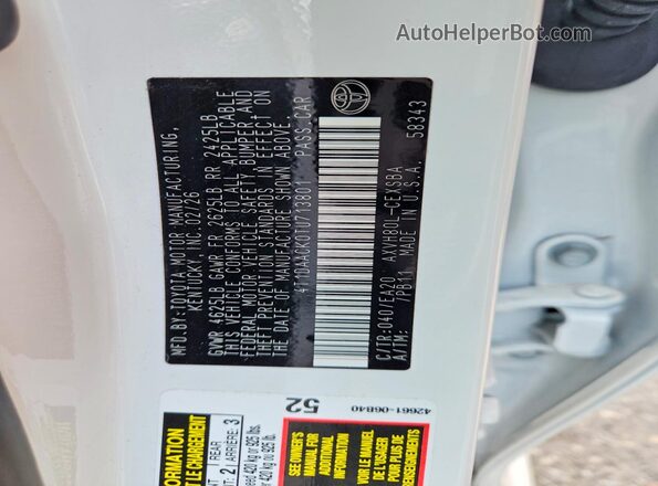 4T1DAACK0TU713801 2026 TOYOTA CAMRY White Շարժիչի բաժամունքի տեսք