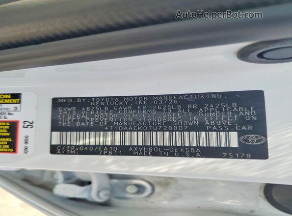 4T1DAACK0TU728007 2026 TOYOTA CAMRY Белый Вид подкапотного пространства