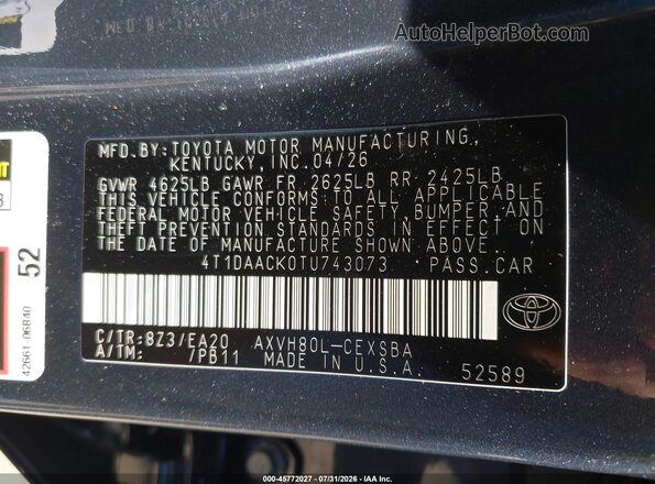4T1DAACK0TU743073 2026 TOYOTA CAMRY Blue Engine compartment view