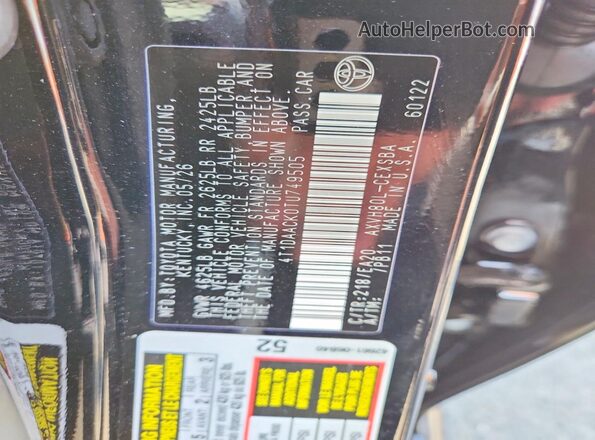 4T1DAACK0TU749505 2026 TOYOTA CAMRY Черный Вид наклейки с VIN-кодом