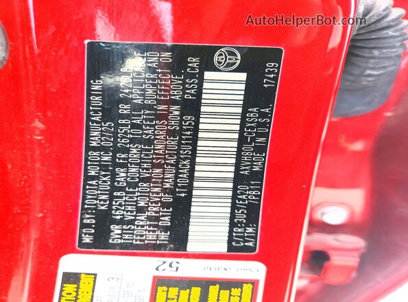 4T1DAACK1SU114159 2025 TOYOTA CAMRY Red VIN կոդի պիտակի տեսք
