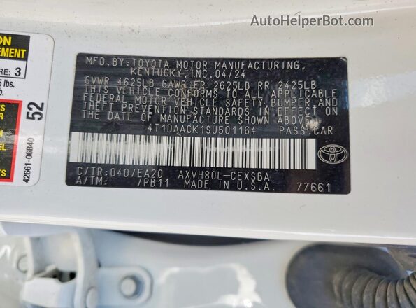 4T1DAACK1SU501164 2025 TOYOTA CAMRY White Вид підкапотного простору