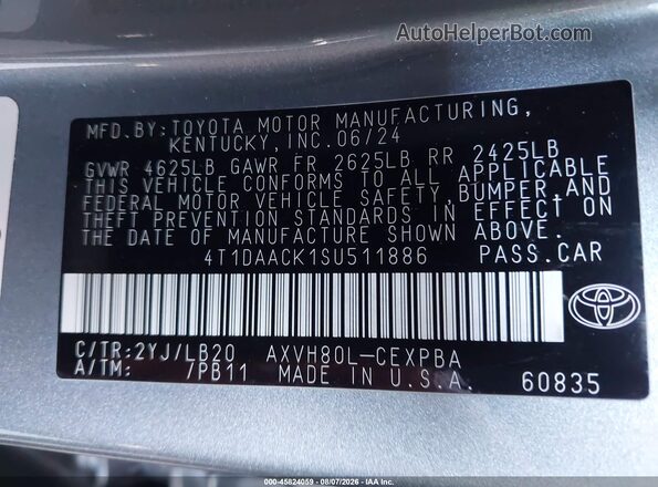 4T1DAACK1SU511886 2025 TOYOTA CAMRY Gray Շարժիչի բաժամունքի տեսք
