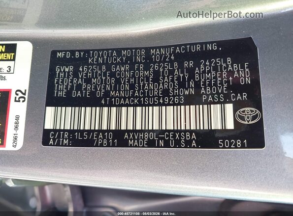 4T1DAACK1SU549263 2025 TOYOTA CAMRY Gray Vista del compartimento del motor