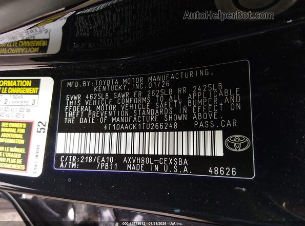 4T1DAACK1TU266248 2026 TOYOTA CAMRY Black Вид підкапотного простору