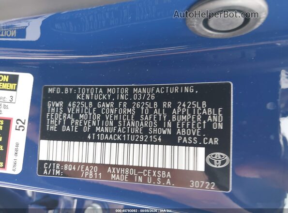 4T1DAACK1TU292154 2026 TOYOTA CAMRY Blue ძრავის განყოფილების ხედი