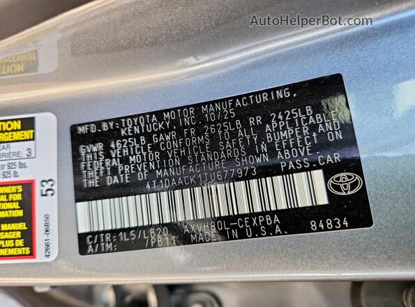 4T1DAACK1TU677973 2026 TOYOTA CAMRY Charcoal VIN կոդի պիտակի տեսք