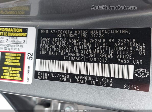 4T1DAACK1TU701317 2026 TOYOTA CAMRY Gray ძრავის განყოფილების ხედი