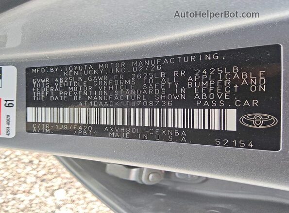 4T1DAACK1TU708736 2026 TOYOTA CAMRY Silver VIN կոդի պիտակի տեսք