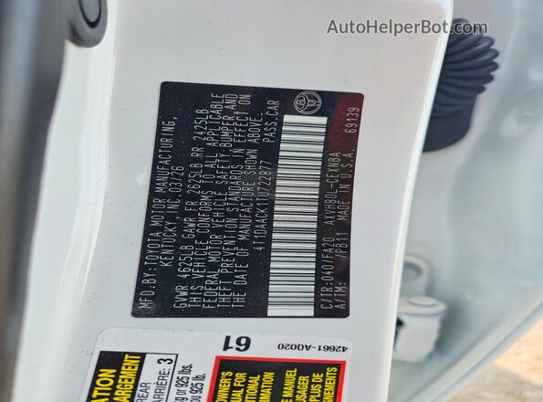 4T1DAACK1TU722877 2026 TOYOTA CAMRY White VIN sticker view