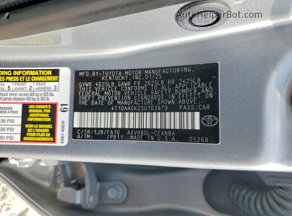 4T1DAACK2SU103879 2025 TOYOTA CAMRY Серебряный Вид наклейки с VIN-кодом