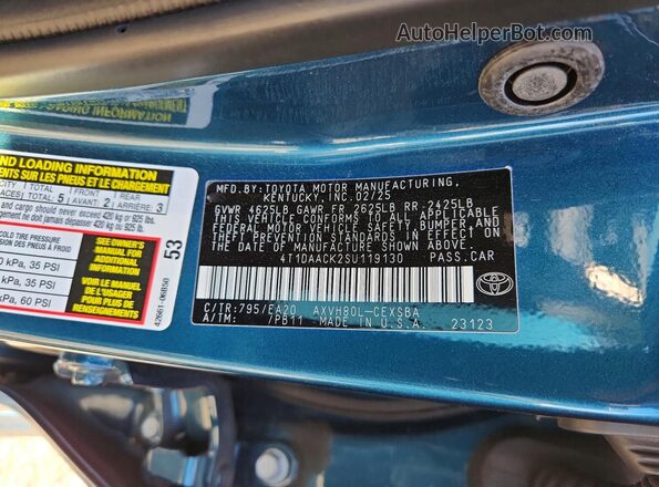 4T1DAACK2SU119130 2025 TOYOTA CAMRY Blue VIN կոդի պիտակի տեսք