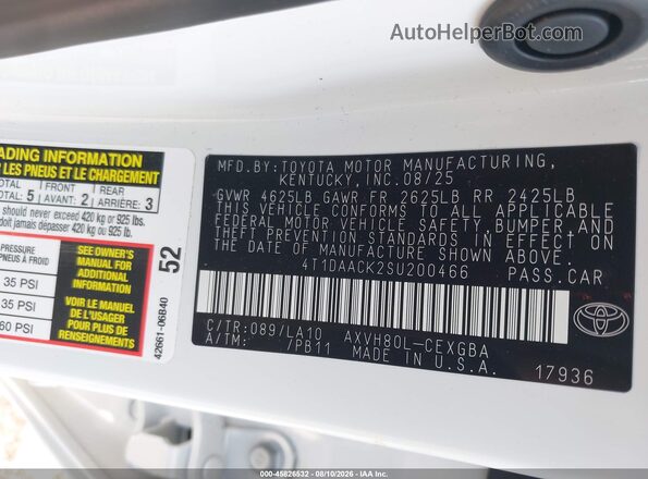 4T1DAACK2SU200466 2025 TOYOTA CAMRY White Շարժիչի բաժամունքի տեսք