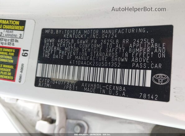 4T1DAACK2SU501352 2025 TOYOTA CAMRY White Widok komory silnika