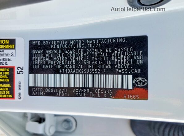 4T1DAACK2SU555217 2025 TOYOTA CAMRY White Widok komory silnika