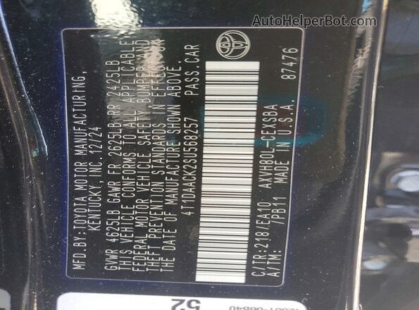 4T1DAACK2SU568257 2025 TOYOTA CAMRY Black Vista de la etiqueta del VIN
