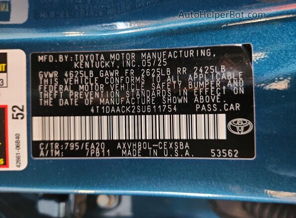 4T1DAACK2SU611754 2025 TOYOTA CAMRY Teal Вид підкапотного простору