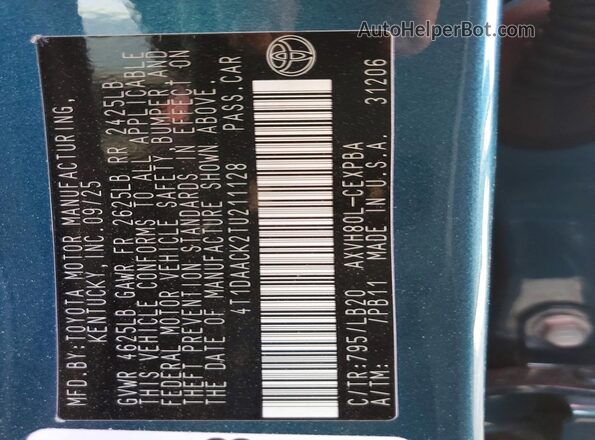 4T1DAACK2TU211128 2026 TOYOTA CAMRY Blue Вид наклейки з VIN-кодом