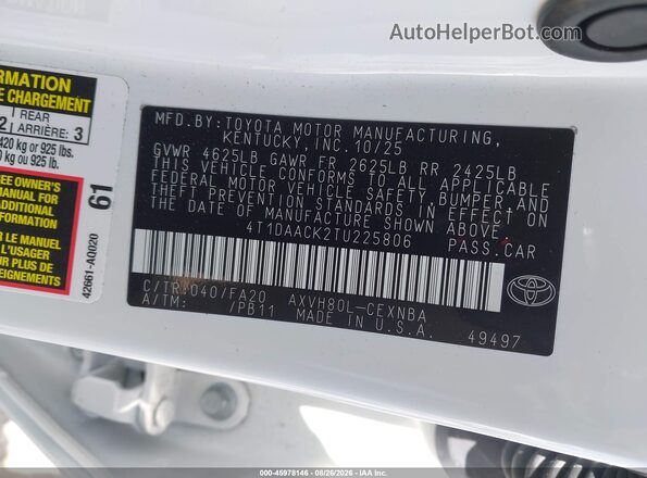 4T1DAACK2TU225806 2026 TOYOTA CAMRY White Vista del compartimento del motor