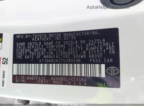 4T1DAACK2TU280496 2026 TOYOTA CAMRY Белый Вид подкапотного пространства
