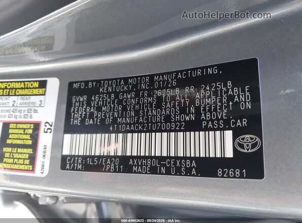 4T1DAACK2TU700922 2026 TOYOTA CAMRY Gray Vista del compartimento del motor