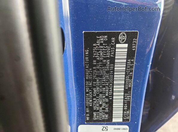 4T1DAACK3SU014189 2025 TOYOTA CAMRY Синий Вид наклейки с VIN-кодом