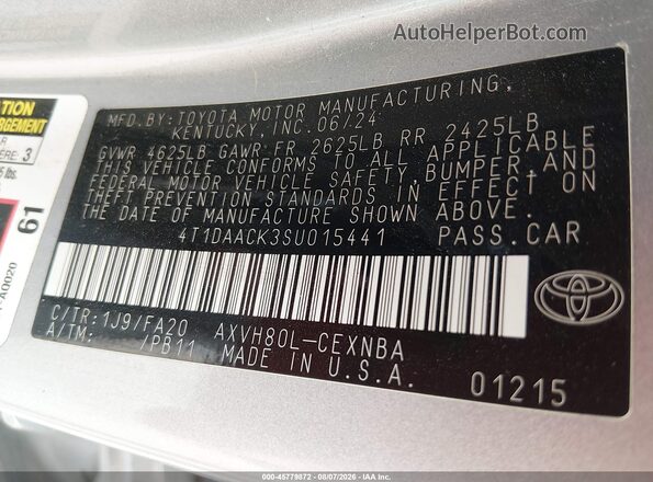 4T1DAACK3SU015441 2025 TOYOTA CAMRY Серебряный Вид подкапотного пространства