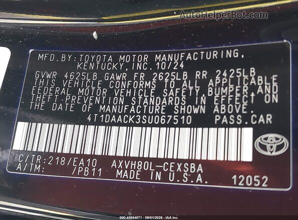 4T1DAACK3SU067510 2025 TOYOTA CAMRY Black Вид підкапотного простору