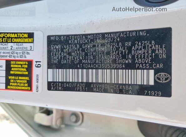 4T1DAACK3SU539964 2025 TOYOTA CAMRY White Вид підкапотного простору
