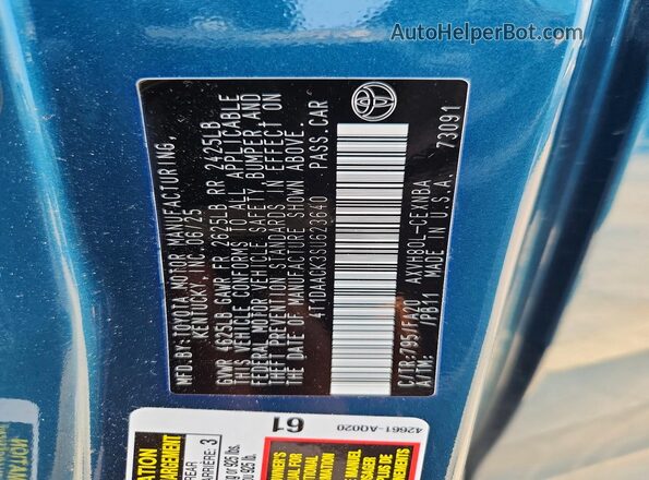 4T1DAACK3SU623640 2025 TOYOTA CAMRY Blue VIN կոդի պիտակի տեսք