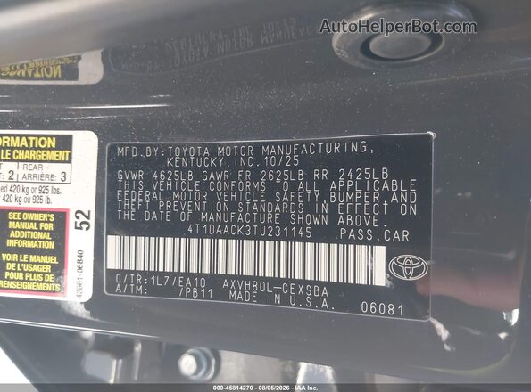 4T1DAACK3TU231145 2026 TOYOTA CAMRY Gray Շարժիչի բաժամունքի տեսք