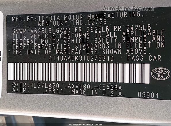 4T1DAACK3TU275310 2026 TOYOTA CAMRY Gray Շարժիչի բաժամունքի տեսք