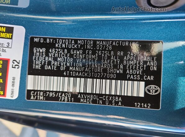 4T1DAACK3TU277090 2026 TOYOTA CAMRY Blue VIN კოდის სტიკერის ხედი
