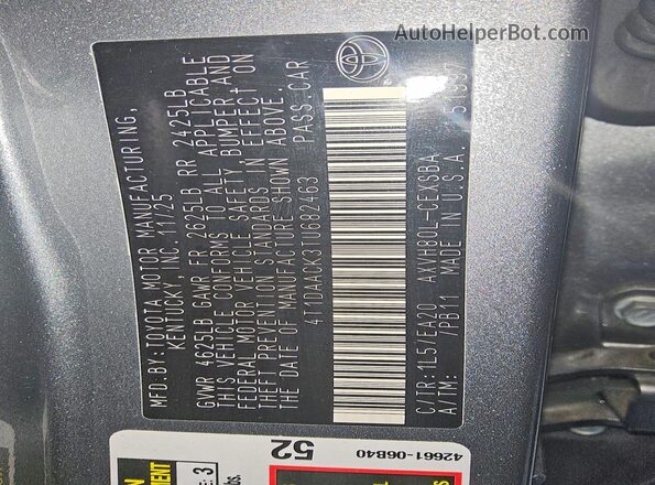 4T1DAACK3TU682463 2026 TOYOTA CAMRY Gray VIN sticker view