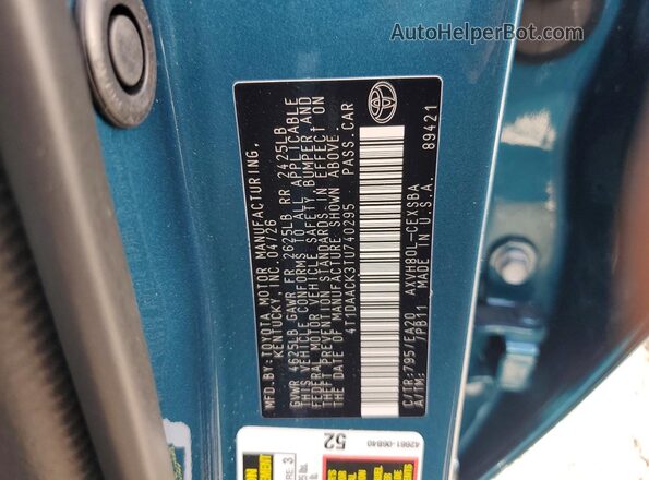 4T1DAACK3TU740295 2026 TOYOTA CAMRY Turquoise VIN sticker view