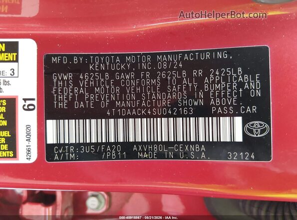 4T1DAACK4SU042163 2025 TOYOTA CAMRY Red Vista del compartimento del motor