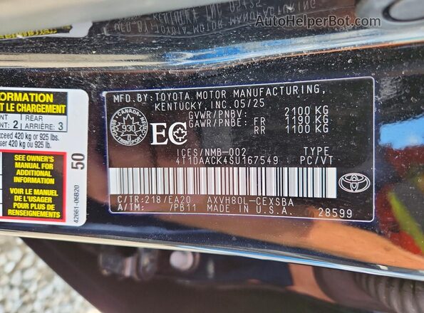 4T1DAACK4SU167549 2025 TOYOTA CAMRY Черный Вид наклейки с VIN-кодом