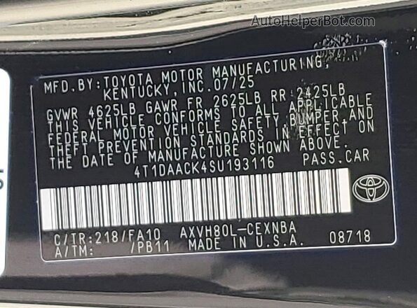 4T1DAACK4SU193116 2025 TOYOTA CAMRY Black VIN კოდის სტიკერის ხედი