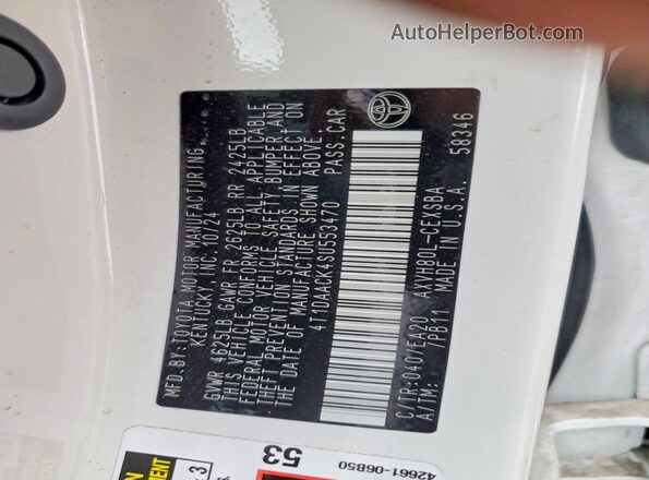 4T1DAACK4SU553470 2025 TOYOTA CAMRY White ძრავის განყოფილების ხედი
