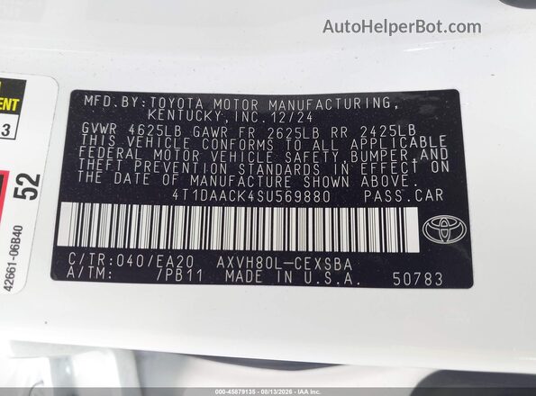 4T1DAACK4SU569880 2025 TOYOTA CAMRY White ძრავის განყოფილების ხედი
