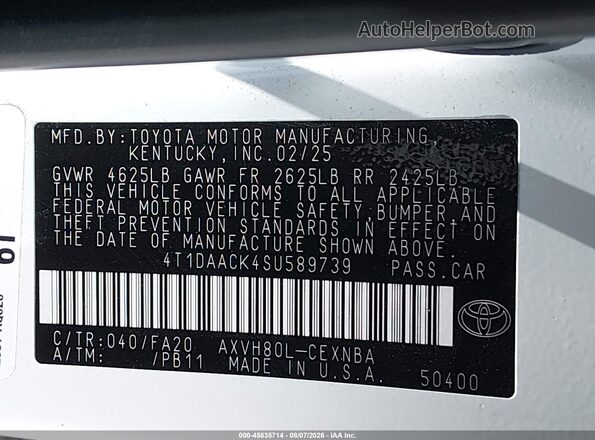4T1DAACK4SU589739 2025 TOYOTA CAMRY White Engine compartment view
