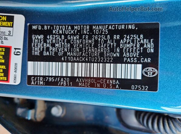 4T1DAACK4TU232322 2026 TOYOTA CAMRY Blue ძრავის განყოფილების ხედი