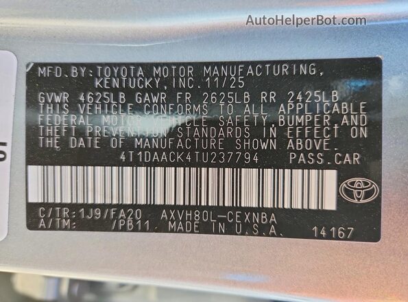 4T1DAACK4TU237794 2026 TOYOTA CAMRY Silver VIN sticker view