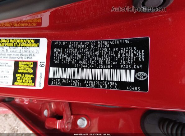 4T1DAACK4TU259567 2026 TOYOTA CAMRY Red Vista del compartimento del motor