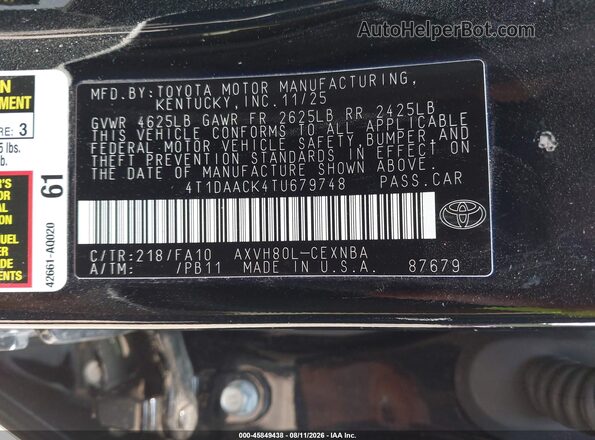 4T1DAACK4TU679748 2026 TOYOTA CAMRY Black Widok komory silnika