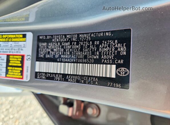 4T1DAACK4TU696520 2026 TOYOTA CAMRY Gray ძრავის განყოფილების ხედი