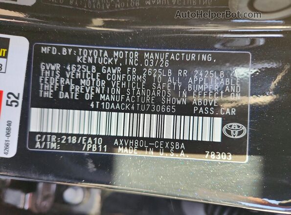 4T1DAACK4TU730665 2026 TOYOTA CAMRY Black Widok naklejki z numerem VIN