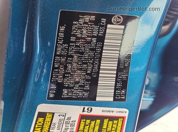 4T1DAACK4TU748793 2026 TOYOTA CAMRY Бирюзовый Вид наклейки с VIN-кодом