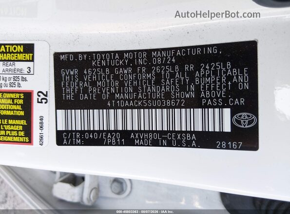 4T1DAACK5SU038672 2025 TOYOTA CAMRY White Вид підкапотного простору